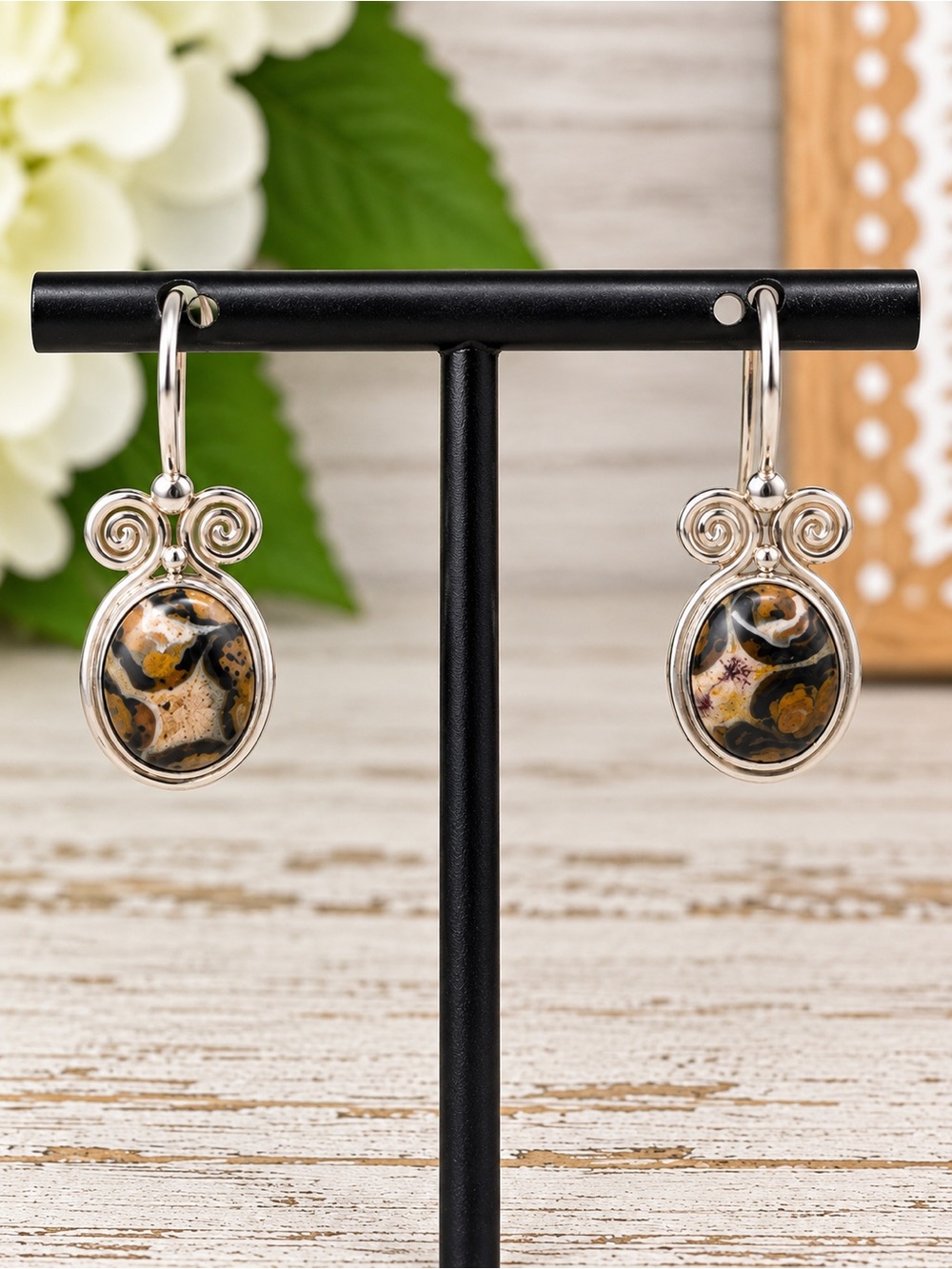 Sajen Sterling Silver Jasper Bali Scroll Drop Earrings